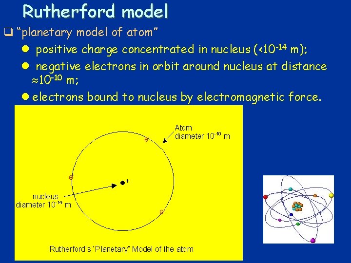 Rutherford model q “planetary model of atom” l positive charge concentrated in nucleus (<10