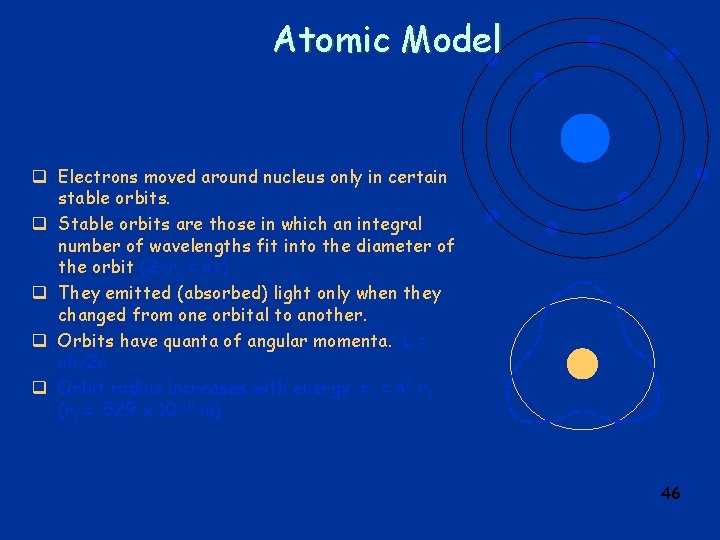 Atomic Model q Electrons moved around nucleus only in certain stable orbits. q Stable
