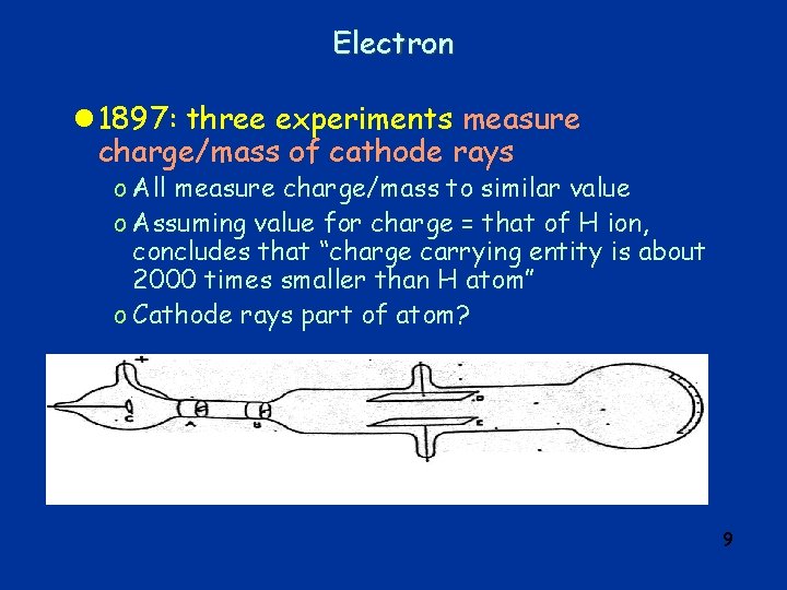 Electron l 1897: three experiments measure charge/mass of cathode rays o All measure charge/mass