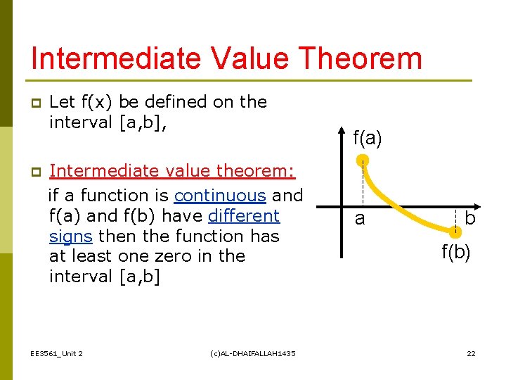 Intermediate Value Theorem p p Let f(x) be defined on the interval [a, b],