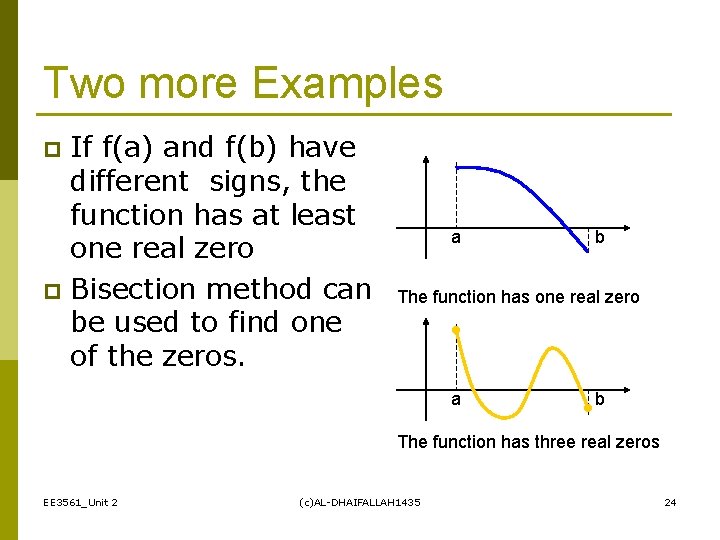 Two more Examples If f(a) and f(b) have different signs, the function has at