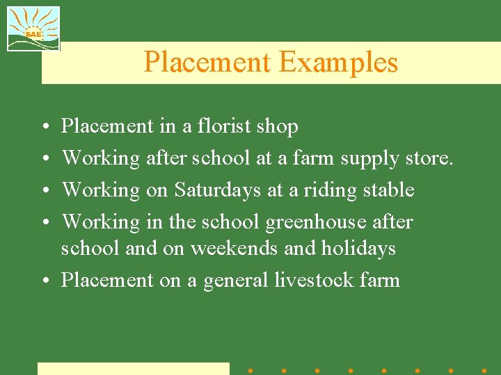 Placement Examples • • Placement in a florist shop Working after school at a