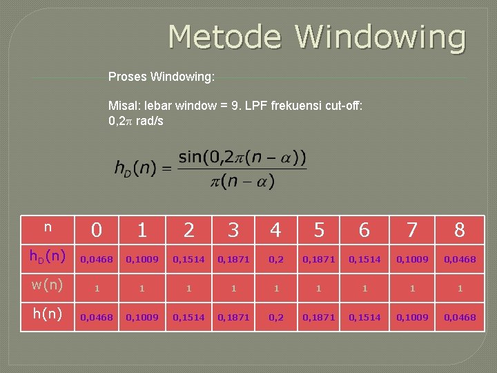 Metode Windowing Proses Windowing: Misal: lebar window = 9. LPF frekuensi cut-off: 0, 2