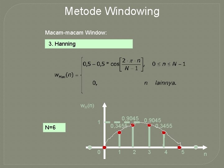 Metode Windowing Macam-macam Window: 3. Hanning w. R(n) N=6 1 0 0, 9045 0,