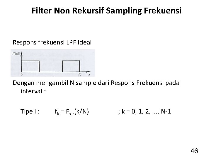 Filter Non Rekursif Sampling Frekuensi Respons frekuensi LPF Ideal Dengan mengambil N sample dari