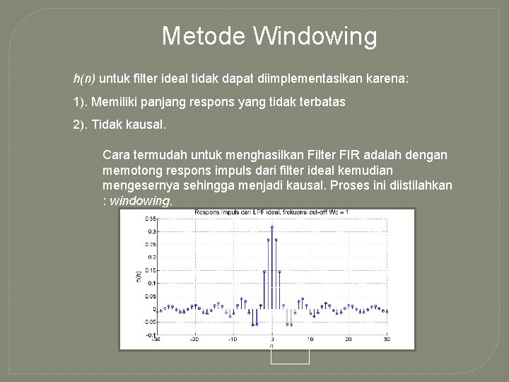 Metode Windowing h(n) untuk filter ideal tidak dapat diimplementasikan karena: 1). Memiliki panjang respons