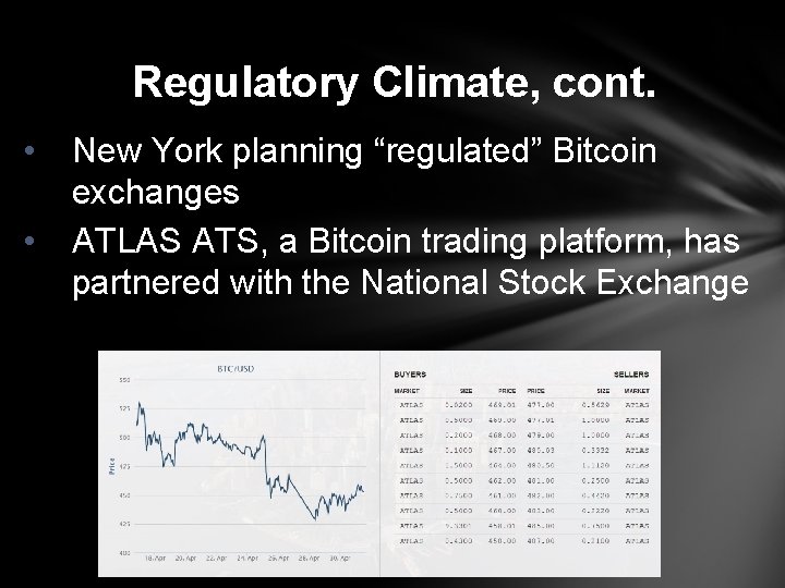 Regulatory Climate, cont. • • New York planning “regulated” Bitcoin exchanges ATLAS ATS, a