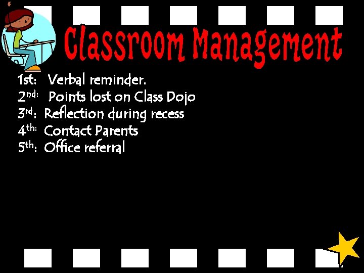 1 st: 2 nd: 3 rd: 4 th: 5 th: Verbal reminder. Points lost