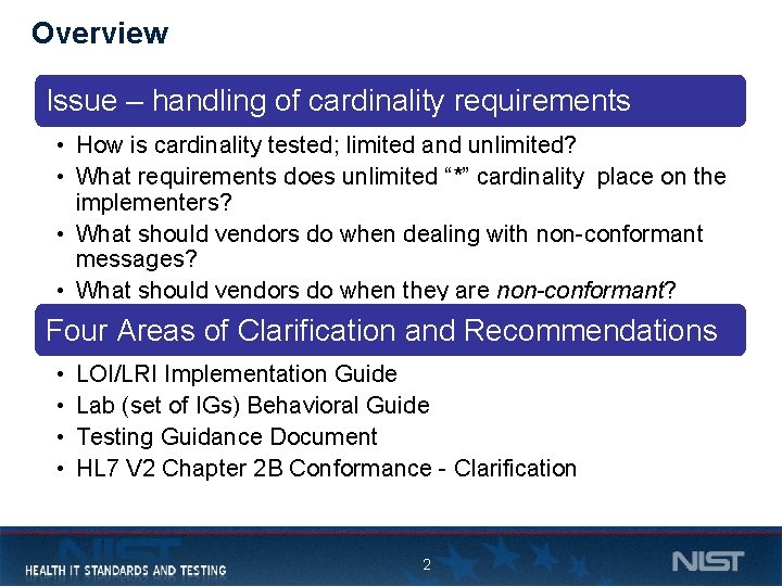 Overview Issue – handling of cardinality requirements • How is cardinality tested; limited and