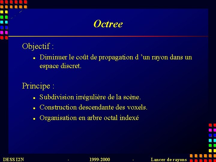 Octree Objectif : l Diminuer le coût de propagation d ’un rayon dans un