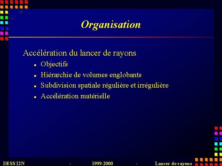 Organisation Accélération du lancer de rayons l l DESS I 2 N Objectifs Hiérarchie