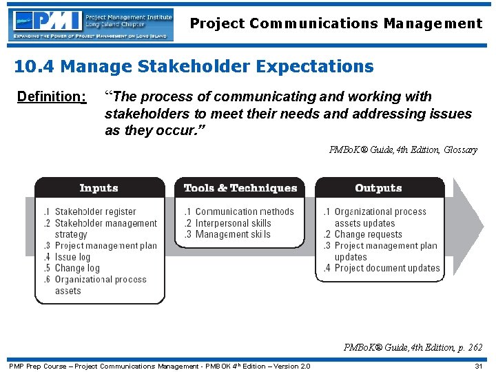 Project Communications Management 10. 4 Manage Stakeholder Expectations Definition: “The process of communicating and