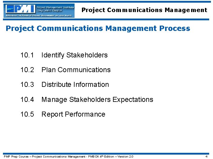 Project Communications Management Process 10. 1 Identify Stakeholders 10. 2 Plan Communications 10. 3