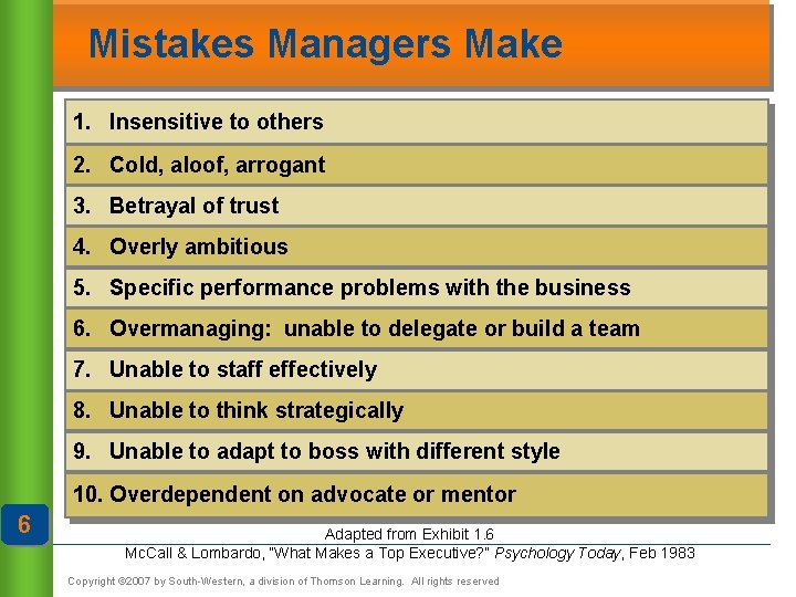 Mistakes Managers Make 1. Insensitive to others 2. Cold, aloof, arrogant 3. Betrayal of