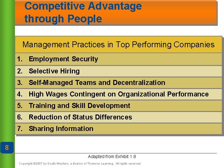 Competitive Advantage through People Management Practices in Top Performing Companies 1. Employment Security 2.