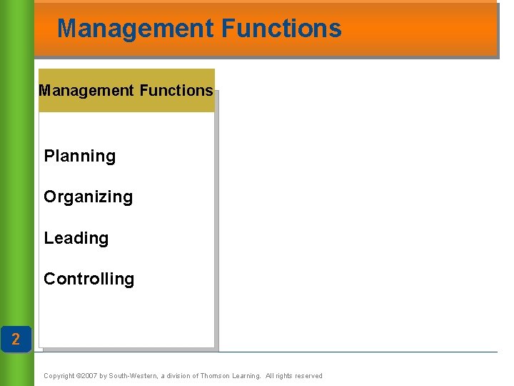 Management Functions Planning Organizing Leading Controlling 2 Copyright © 2007 by South-Western, a division