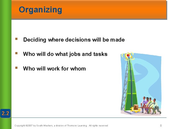 Organizing § Deciding where decisions will be made § Who will do what jobs