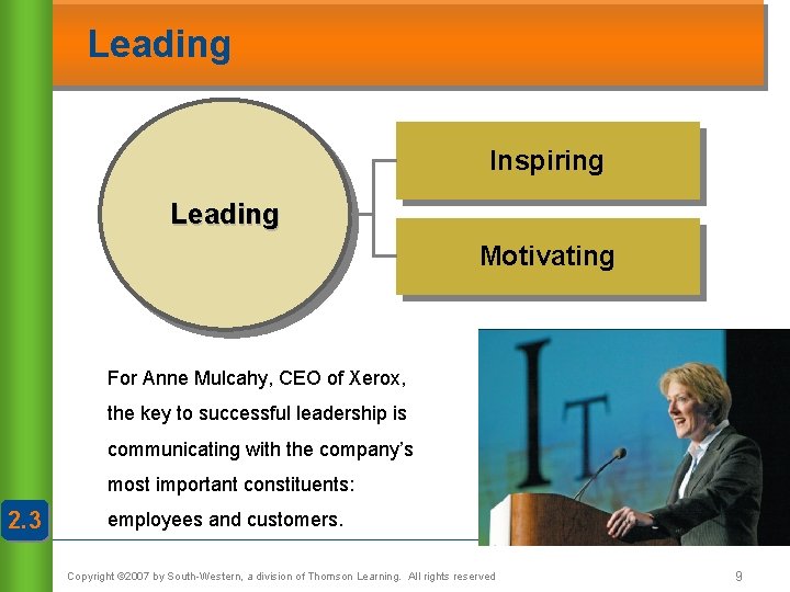 Leading Inspiring Leading Motivating For Anne Mulcahy, CEO of Xerox, the key to successful