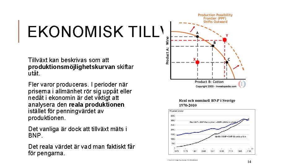 EKONOMISK TILLVÄXT Tillväxt kan beskrivas som att produktionsmöjlighetskurvan skiftar utåt. Fler varor produceras. I