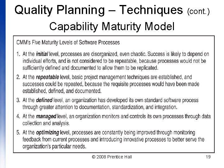 Quality Planning – Techniques (cont. ) Capability Maturity Model © 2008 Prentice Hall 19