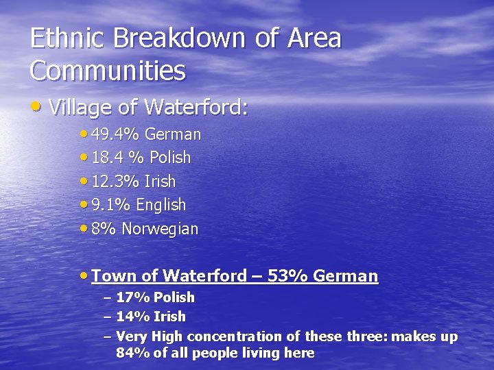 Ethnic Breakdown of Area Communities • Village of Waterford: • 49. 4% German •