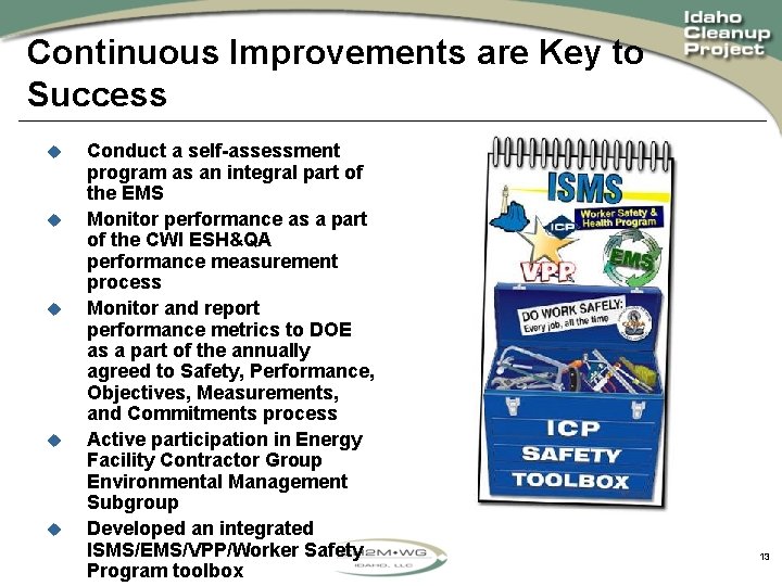 Continuous Improvements are Key to Success u u u Conduct a self-assessment program as