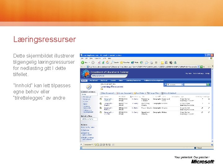 Læringsressurser Dette skjermbildet illustrerer tilgjengelig læringsressurser for nedlasting gitt I dette tilfellet. ”Innhold” kan