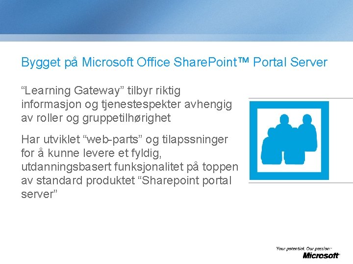 Bygget på Microsoft Office Share. Point™ Portal Server “Learning Gateway” tilbyr riktig informasjon og