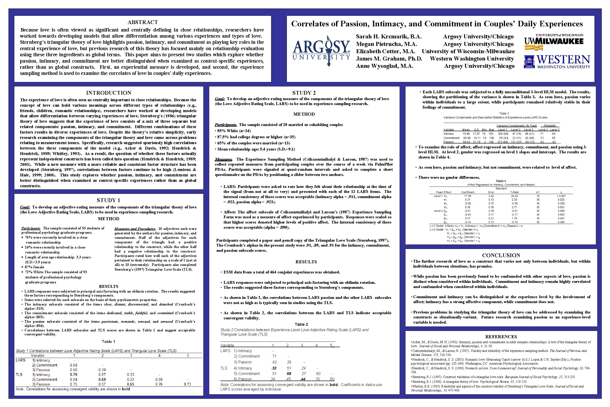 Correlates of Passion, Intimacy, and Commitment in Couples’ Daily Experiences ABSTRACT Because love is