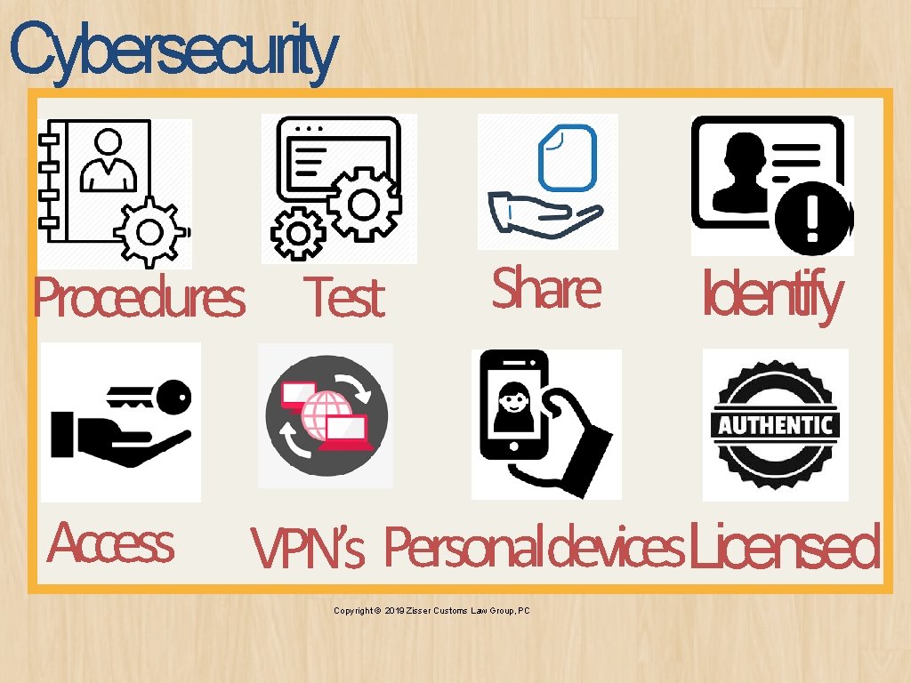 Cybersecurity Procedures Test Access Share Identify VPN’s Personaldevices. Licensed Copyright © 2019 Zisser Customs