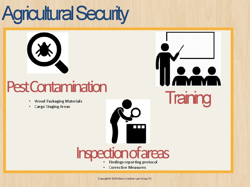 Agricultural Security Pest. Contamination • Wood Packaging Materials • Cargo Staging Areas Training Inspectionofareas