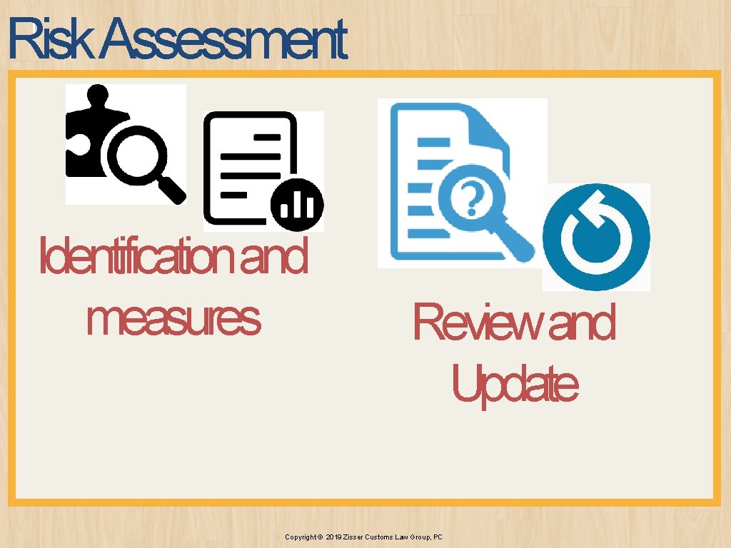 Risk Assessment 1 Identificationand measures Reviewand Update Copyright © 2019 Zisser Customs Law Group,