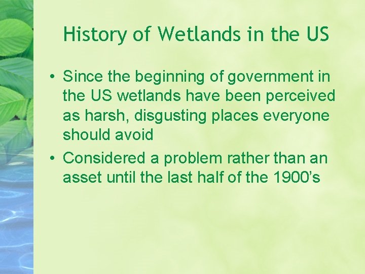 History of Wetlands in the US • Since the beginning of government in the