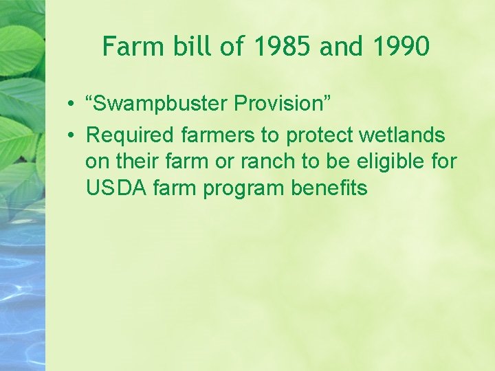 Farm bill of 1985 and 1990 • “Swampbuster Provision” • Required farmers to protect