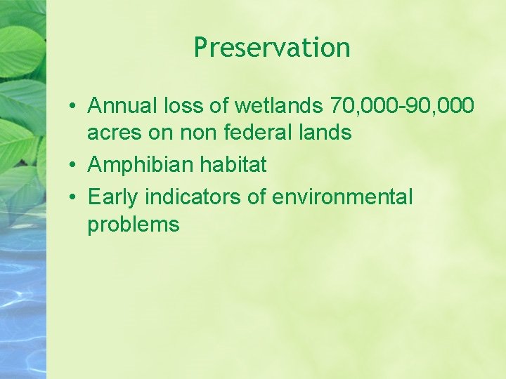Preservation • Annual loss of wetlands 70, 000 -90, 000 acres on non federal