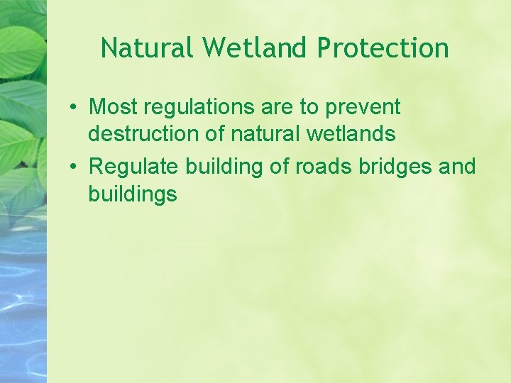 Natural Wetland Protection • Most regulations are to prevent destruction of natural wetlands •