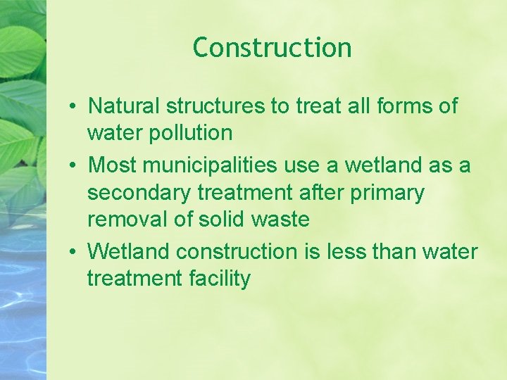 Construction • Natural structures to treat all forms of water pollution • Most municipalities
