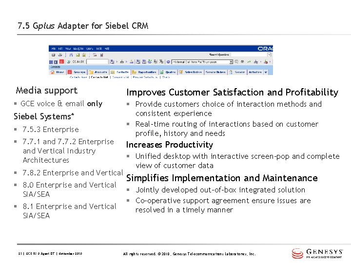 7. 5 Gplus Adapter for Siebel CRM Media support Improves Customer Satisfaction and Profitability