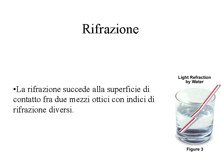 Rifrazione • La rifrazione succede alla superficie di contatto fra due mezzi ottici con