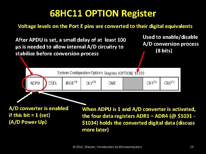 68 HC 11 OPTION Register Voltage levels on the Port E pins are converted