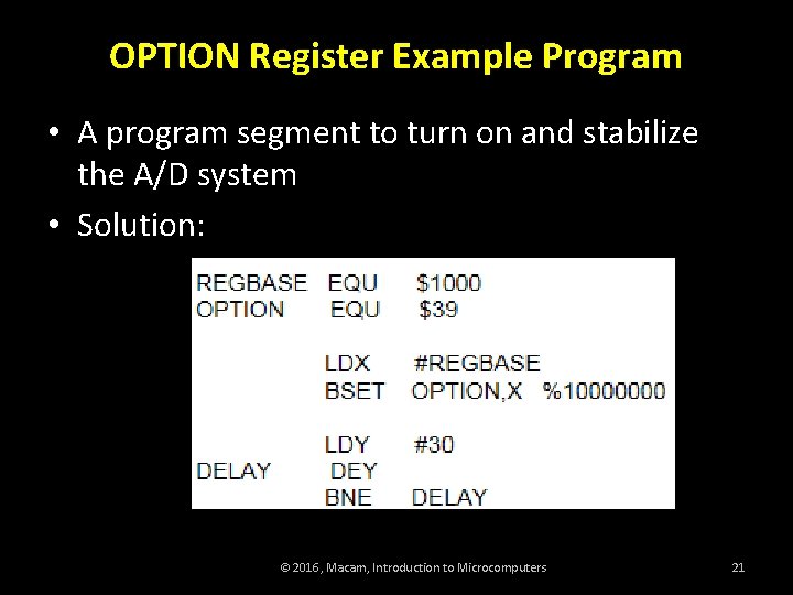 OPTION Register Example Program • A program segment to turn on and stabilize the
