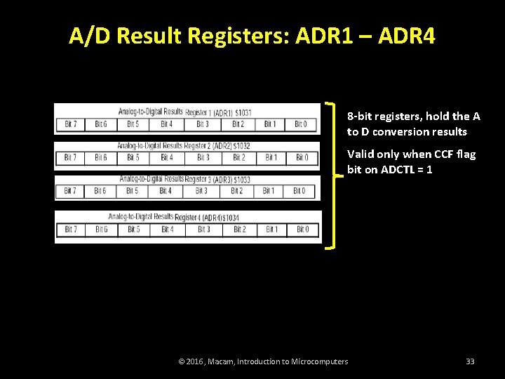 A/D Result Registers: ADR 1 – ADR 4 8 -bit registers, hold the A
