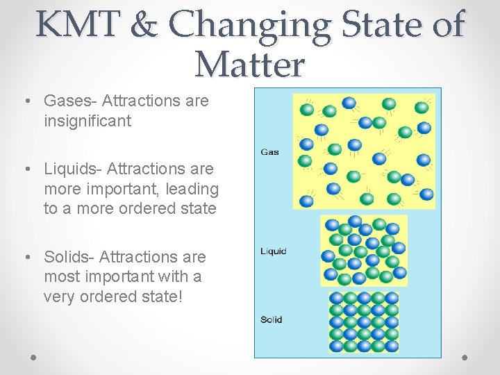 KMT & Changing State of Matter • Gases- Attractions are insignificant • Liquids- Attractions