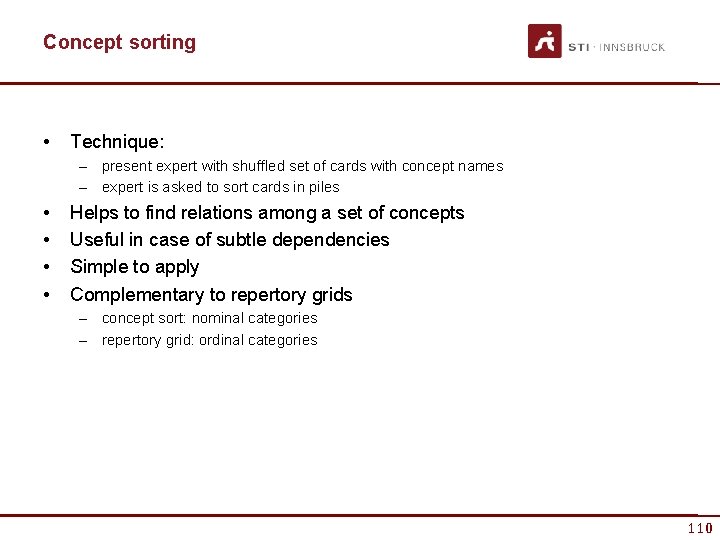 Concept sorting • Technique: – present expert with shuffled set of cards with concept