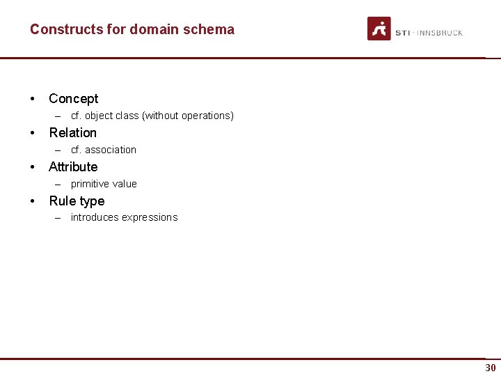 Constructs for domain schema • Concept – cf. object class (without operations) • Relation