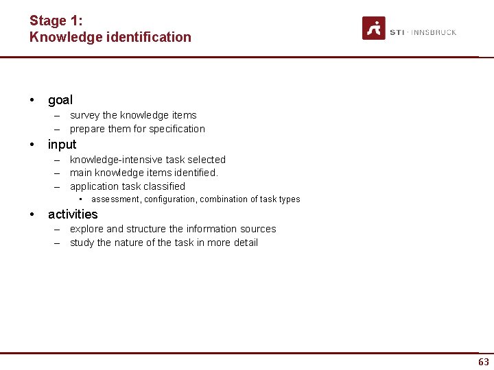 Stage 1: Knowledge identification • goal – survey the knowledge items – prepare them