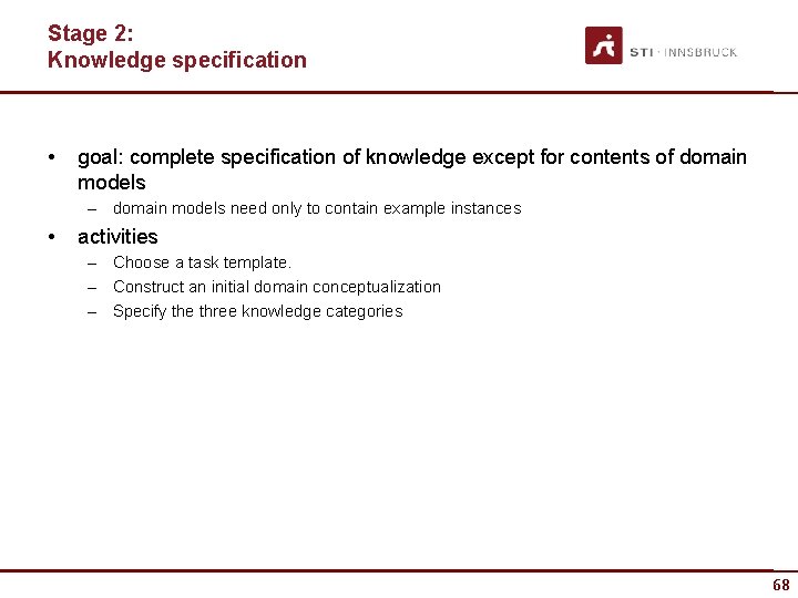 Stage 2: Knowledge specification • goal: complete specification of knowledge except for contents of Stage 2: Knowledge specification • goal: complete specification of knowledge except for contents of