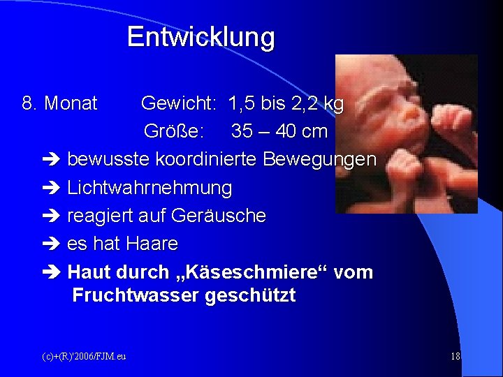 Entwicklung 8. Monat Gewicht: 1, 5 bis 2, 2 kg Größe: 35 – 40 Entwicklung 8. Monat Gewicht: 1, 5 bis 2, 2 kg Größe: 35 – 40