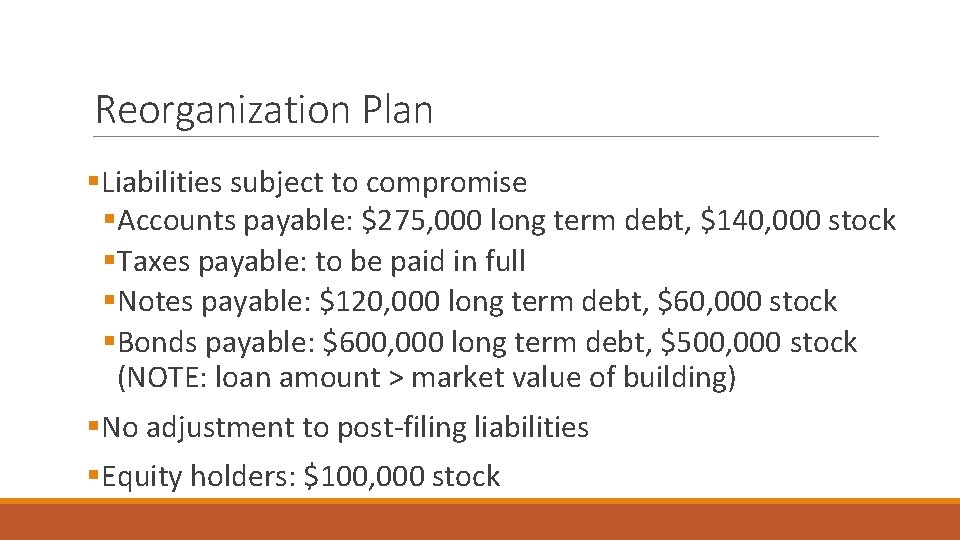 Reorganization Plan §Liabilities subject to compromise §Accounts payable: $275, 000 long term debt, $140,