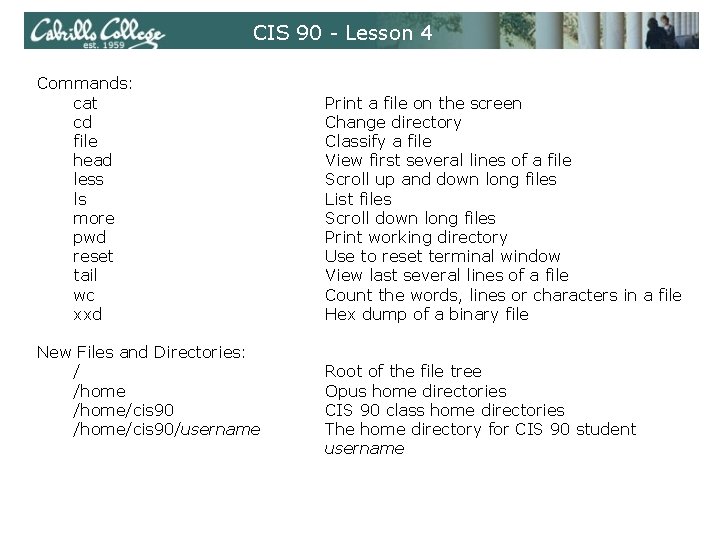 CIS 90 - Lesson 4 Commands: cat cd file head less ls more pwd CIS 90 - Lesson 4 Commands: cat cd file head less ls more pwd